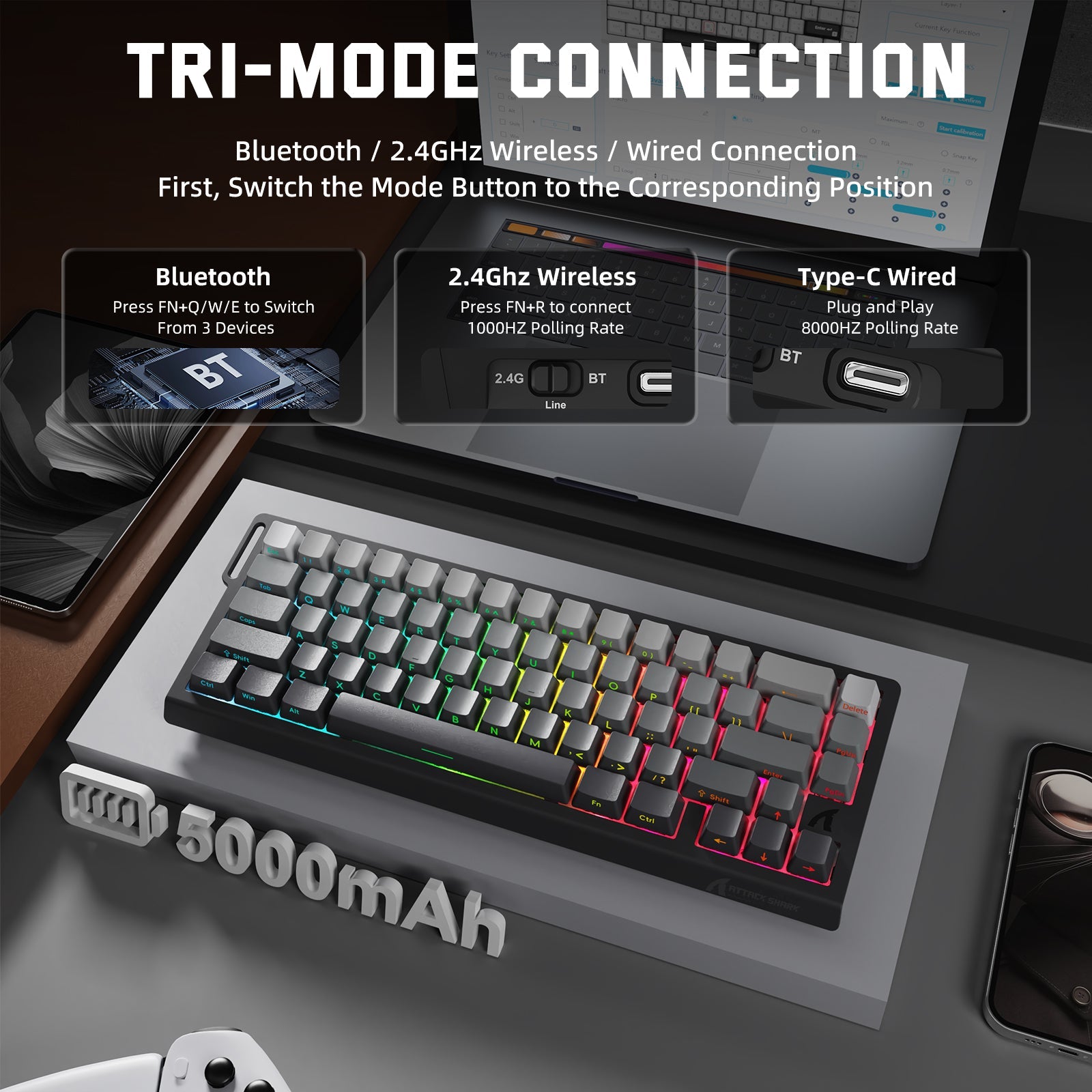 ATTACK SHARK X68PRO HE Wireless Rapid Trigger Keyboard Magnetic Switch