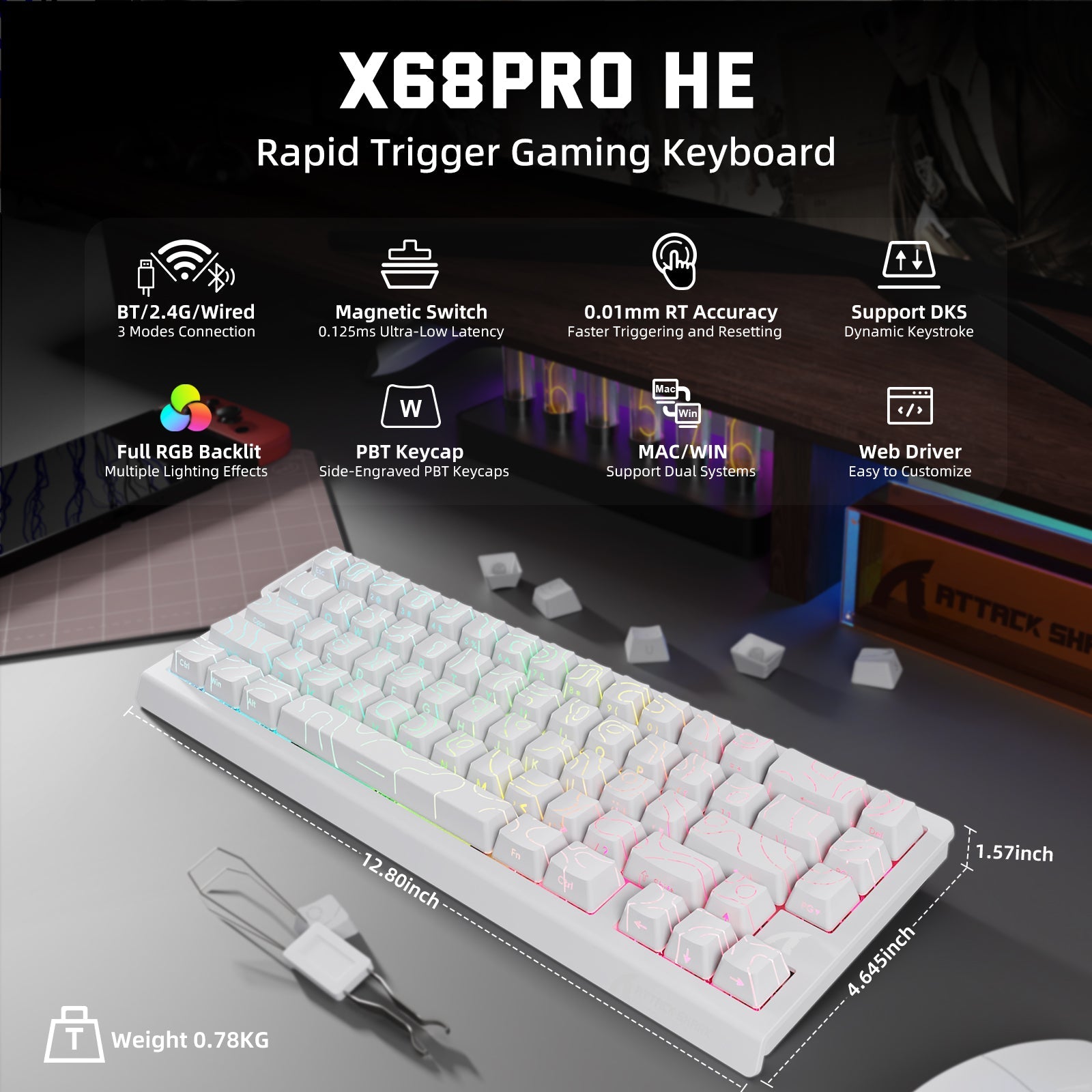 ATTACK SHARK X68PRO HE Wireless Rapid Trigger Keyboard Magnetic Switch